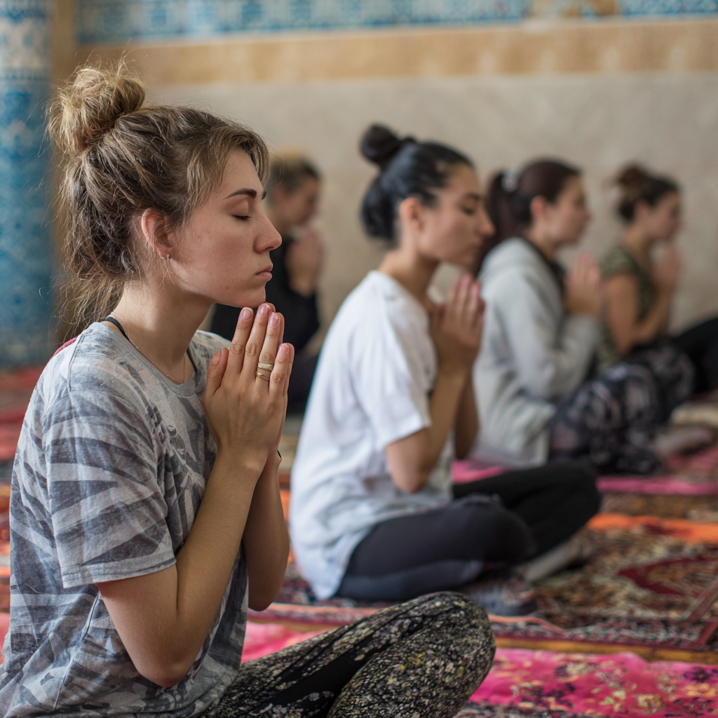 Diverse group of smiling Uzbek adults of different ages practicing gentle yoga poses together in a peaceful indoor studio environment